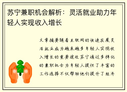 苏宁兼职机会解析：灵活就业助力年轻人实现收入增长
