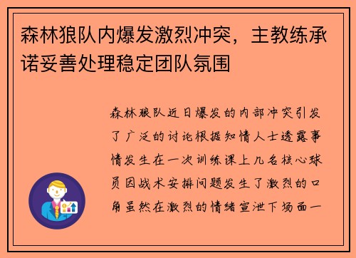 森林狼队内爆发激烈冲突，主教练承诺妥善处理稳定团队氛围