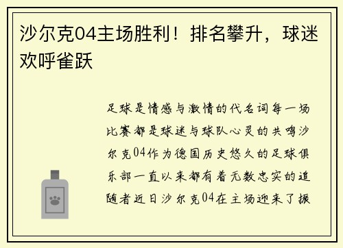 沙尔克04主场胜利！排名攀升，球迷欢呼雀跃