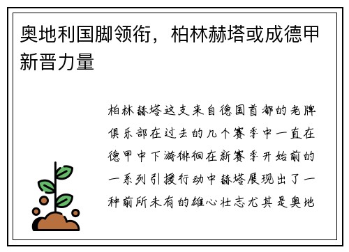 奥地利国脚领衔，柏林赫塔或成德甲新晋力量