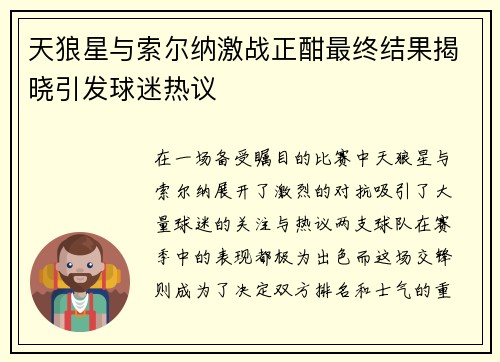 天狼星与索尔纳激战正酣最终结果揭晓引发球迷热议