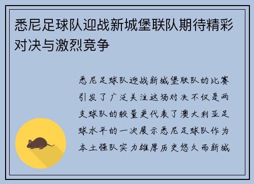 悉尼足球队迎战新城堡联队期待精彩对决与激烈竞争