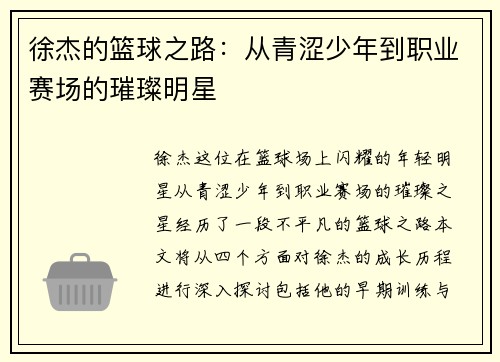徐杰的篮球之路：从青涩少年到职业赛场的璀璨明星