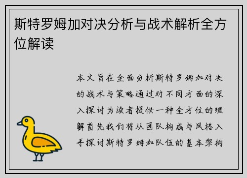 斯特罗姆加对决分析与战术解析全方位解读
