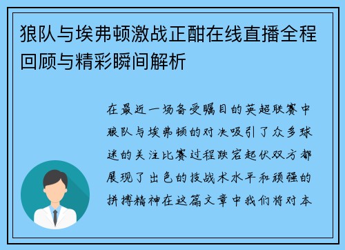 狼队与埃弗顿激战正酣在线直播全程回顾与精彩瞬间解析
