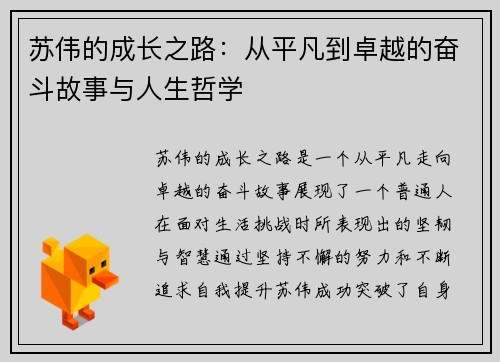 苏伟的成长之路：从平凡到卓越的奋斗故事与人生哲学