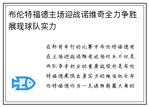 布伦特福德主场迎战诺维奇全力争胜展现球队实力