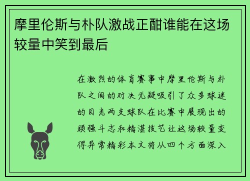 摩里伦斯与朴队激战正酣谁能在这场较量中笑到最后