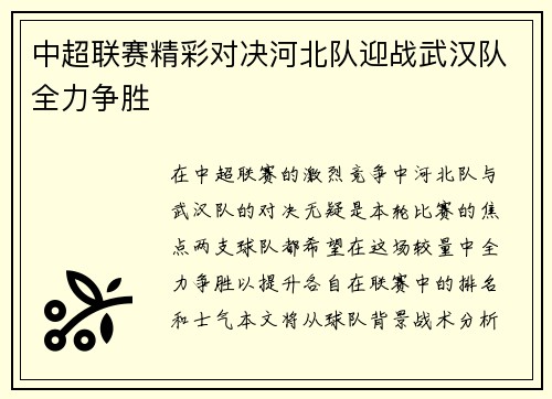 中超联赛精彩对决河北队迎战武汉队全力争胜