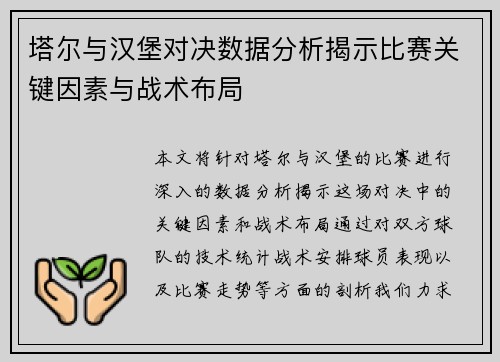 塔尔与汉堡对决数据分析揭示比赛关键因素与战术布局