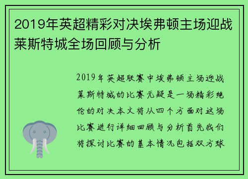 2019年英超精彩对决埃弗顿主场迎战莱斯特城全场回顾与分析