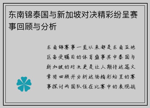 东南锦泰国与新加坡对决精彩纷呈赛事回顾与分析