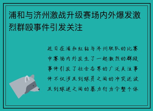 浦和与济州激战升级赛场内外爆发激烈群殴事件引发关注