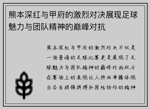 熊本深红与甲府的激烈对决展现足球魅力与团队精神的巅峰对抗