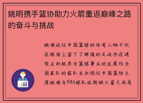 姚明携手篮协助力火箭重返巅峰之路的奋斗与挑战