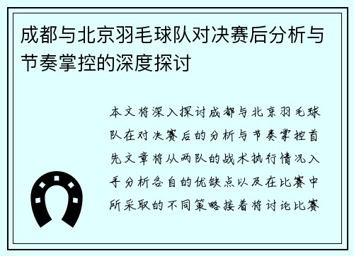 成都与北京羽毛球队对决赛后分析与节奏掌控的深度探讨